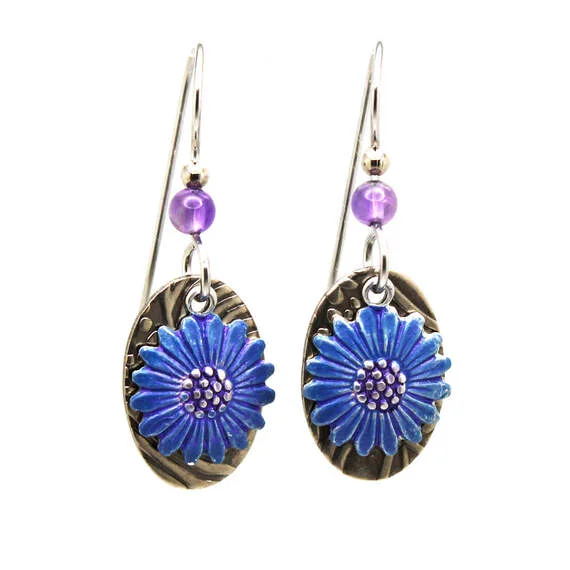 Sparkling Earrings for Bold Fashion-Silver Forest Blue Flower on Metal Oval Drop Earrings