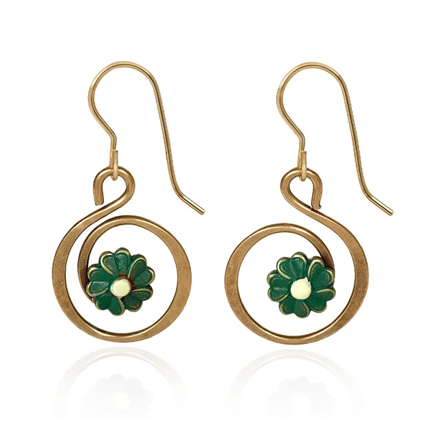 Bold Earrings for Fashionistas-Silver Forest Earrings Coil with Green Flower Accent Gold Drop