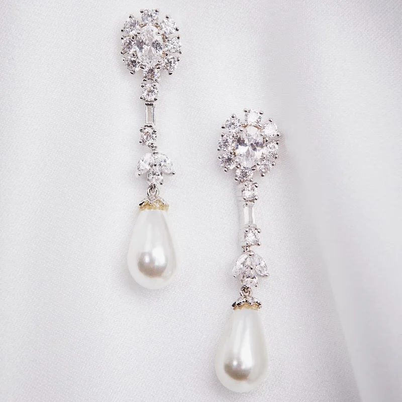 Black Earrings for Evening Wear-Crystal and Teardrop Pearl drop Earring