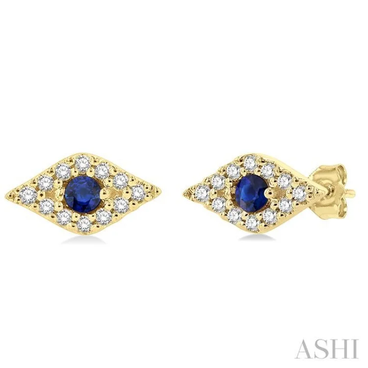 Trendy Earrings for Teens-1/10 Ctw Evil Eye Round Cut Diamond & 2.0MM Round Cut Sapphire Precious Petite Fashion Earring in 10K Yellow Gold