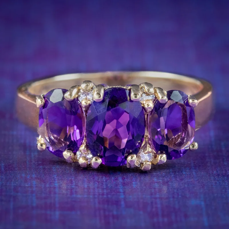 Stackable Rings for Women-Victorian Style Amethyst Diamond Trilogy Ring 9ct Gold