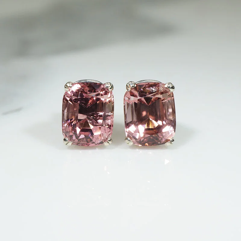 Creative Earrings for Trendy Looks-Shimmering Cushion Cut Pink Tourmaline Studs