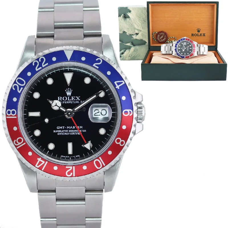 Classic Watches with Roman Numerals for Timeless Look-MINT Rolex GMT-Master Pepsi Blue Red Tritium Steel 16700 Watch Oyster Box