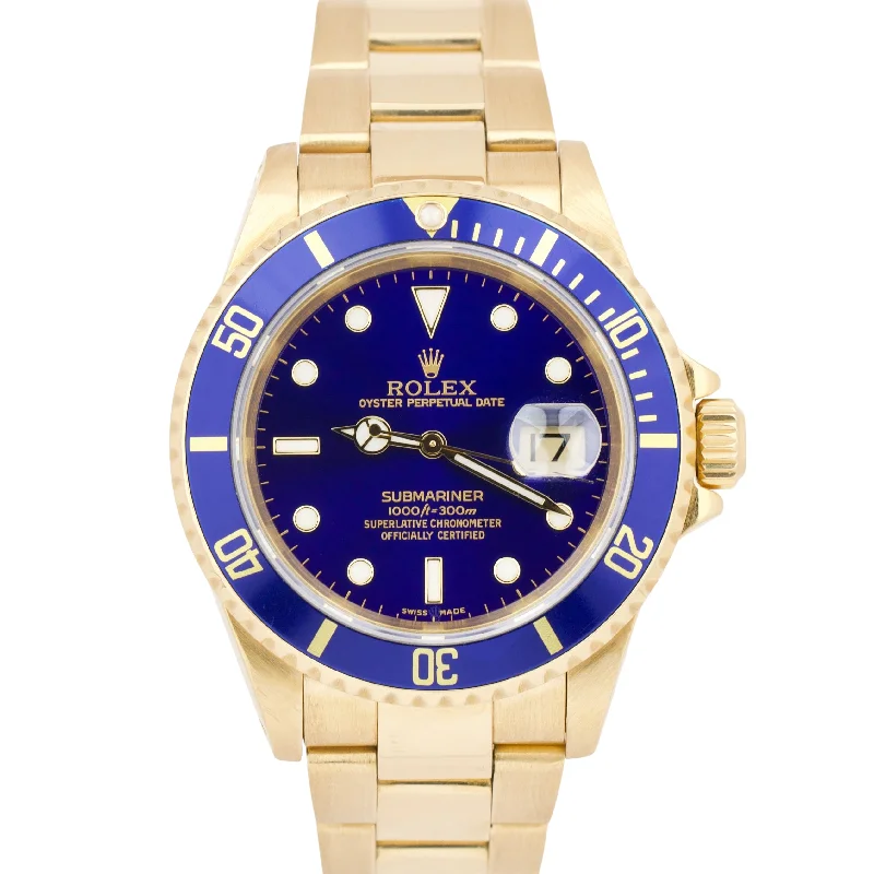 Affordable Fashion Watches for Women-Rolex Submariner Date 18K Yellow Gold BLUE 40mm Automatic Dive 16618 Watch