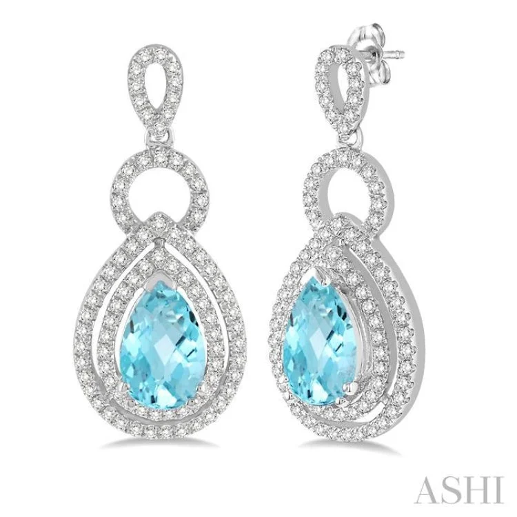 Simple Silver Earrings for Casual Style-8x5mm Pear Shape Aquamarine and 1/2 Ctw Round Cut Diamond Earrings in 14K White Gold