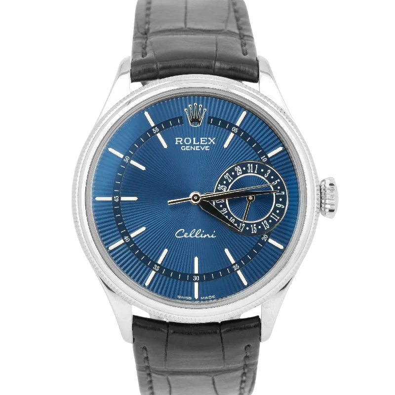 Leather Band Watches for Timeless Elegance-Rolex Cellini Date 18k WHITE GOLD Blue Guilloche Leather 39mm 50519 Watch