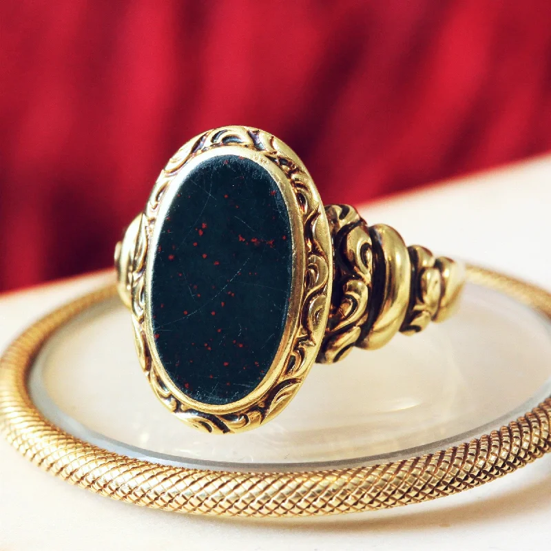 Luxury Gold Ring for Anniversary-Rococo Styled 14ct Gold Bloodstone Signet Ring