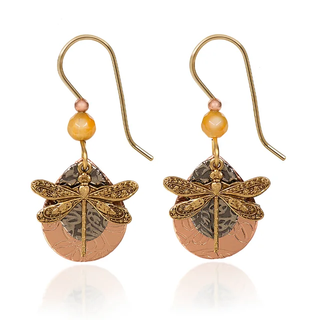 Luxury Earrings for Anniversary-Silver Forest Earrings Gold Dragonfly on Layered Shapes Drop