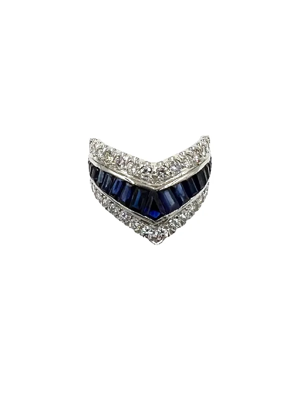 Sterling Silver Ring for Special Occasions-Vintage Chevron Sapphire Diamond Platinum Band Ring