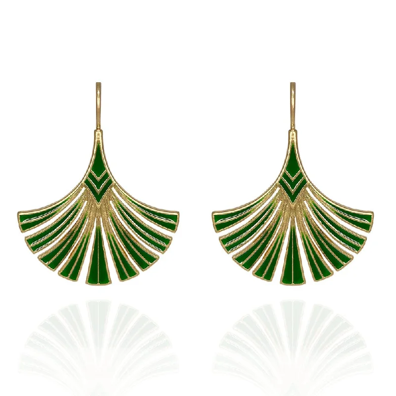 Ethnic Earrings for Traditional Wear-Green Art Deco Palm Leaf Earrings: Green Drop Earrings