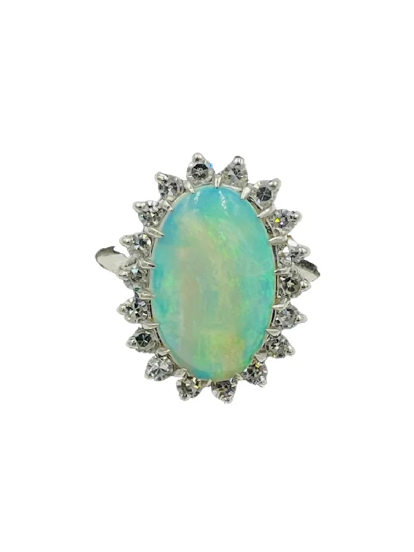 Multi-Gemstone Engagement Ring-1970s Opal Diamond White Gold Ring