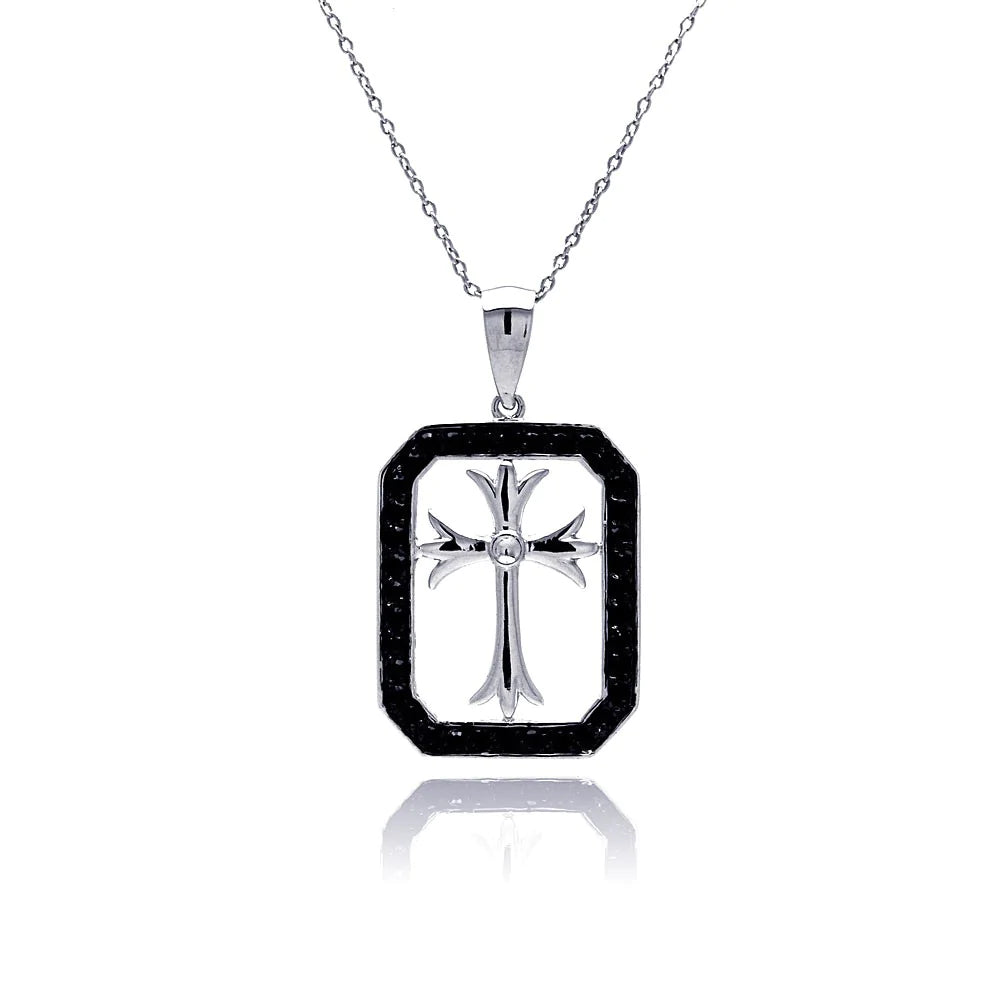 Stylish Necklace for Special Events-Silver 925 Rhodium and Black Rhodium Plated Black CZ Cross Necklace