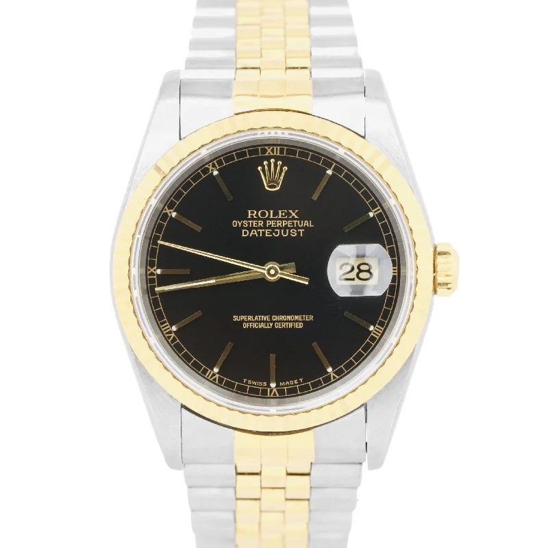 High-Tech Watches for Tech Enthusiasts-Rolex DateJust 36mm BLACK 18K Yellow Gold Stainless Steel JUBILEE Watch 16233