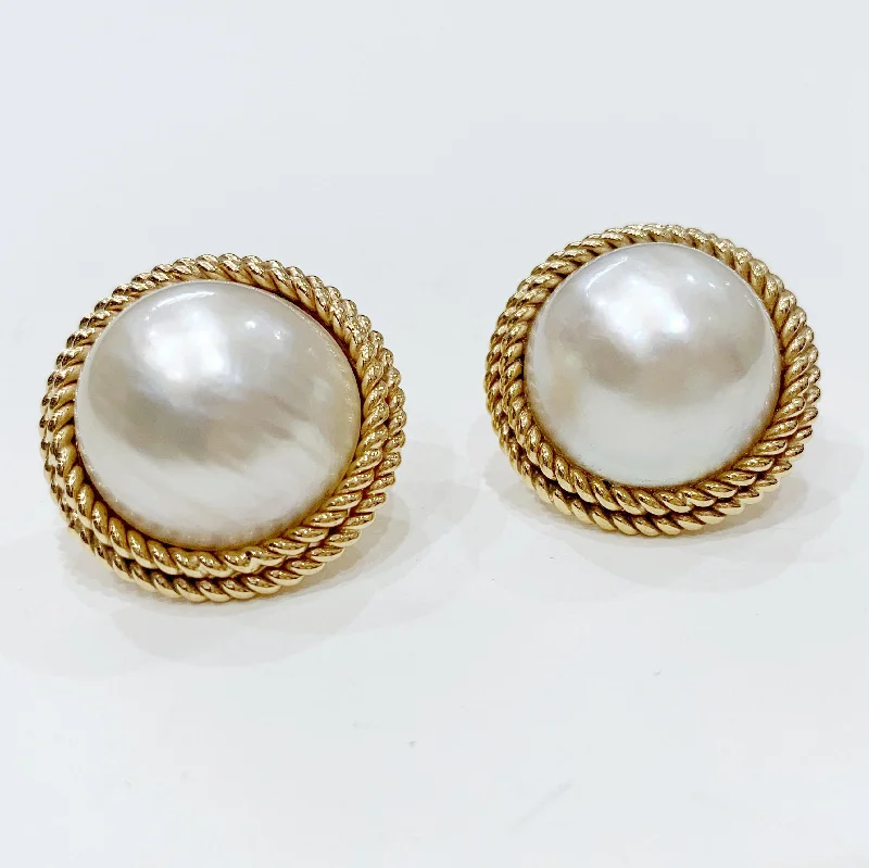 Luxury Earrings for Anniversary-Estate Collection Earrings - Large Mabe Pearl W/14K Gold Rope Design