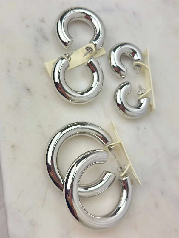 Geometric Earrings for Women-Earrings - Silver Hollow Hoops