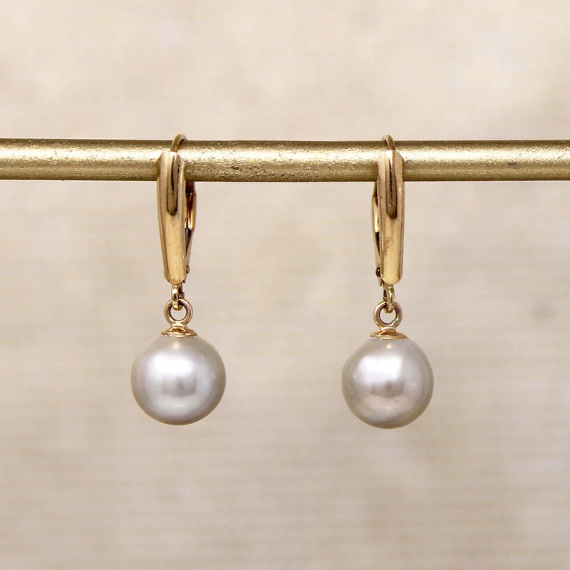 Silver Stud Earrings-Silvery Pearls on 14k Gold Lever Back Earrings