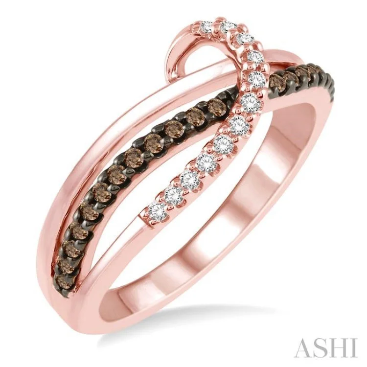 Custom Gold Ring for Special Occasions-1/4 Ctw Triple Cut Shank Clear and Brown Diamond Ladies Ring in 10K Rose Gold