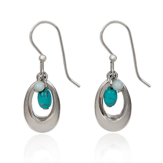 Handmade Hoop Earrings for Women-Silver Forest Earrings Teardrop with Teal Bead