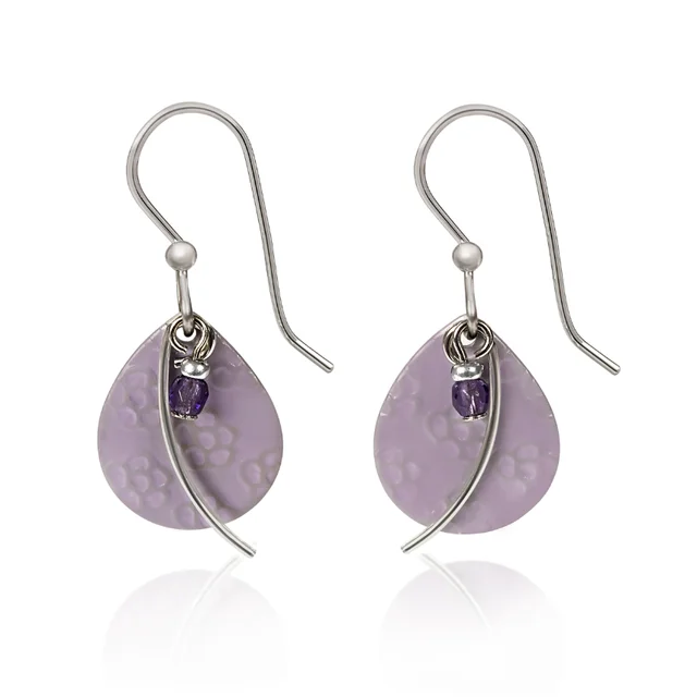 Golden Earrings for Night Events-Silver Forest Earrings Curvy Silver on Purple Oval with Purple Bead Drop