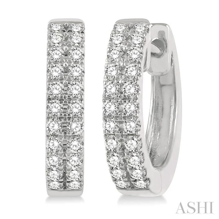 Funky Earrings for Casual Styles-1/3 Ctw Twin Row Round Cut Diamond Petite Fashion Huggie Earrings in 14K White Gold