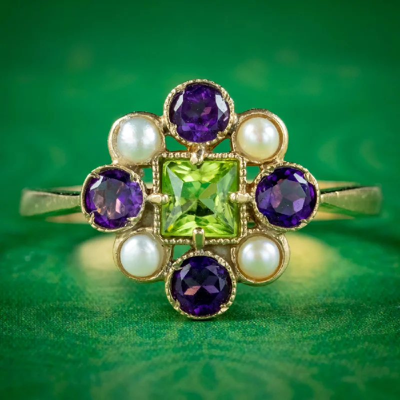 Pearl Ring for Elegant Look-Edwardian Suffragette Style Cluster Ring with Peridot Amethyst Pearl