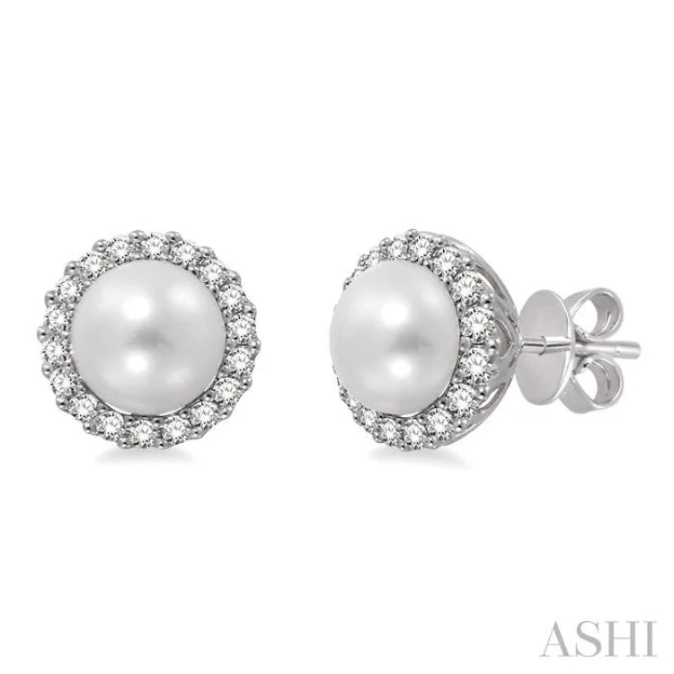 Sparkling Silver Earrings for Women-8x8MM Cultured Pearls and 1/3 Ctw Round Cut Diamond Earrings in 14K White Gold