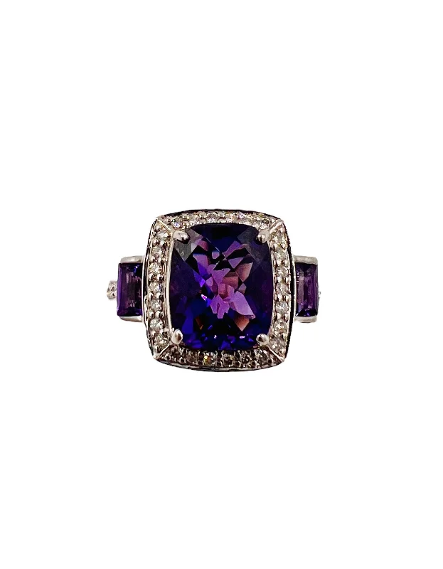 Chunky Gemstone Ring for Bold Style-Amethyst And Diamond White Gold Ring Size 8.25