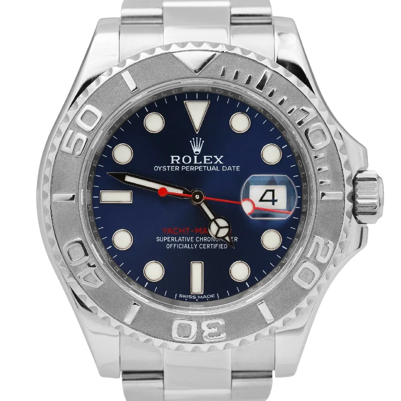 Women's Watches with Leather Straps and Crystal Detail-Rolex Yacht-Master Stainless Steel Platinum Blue 40mm Oyster Date Watch 116622