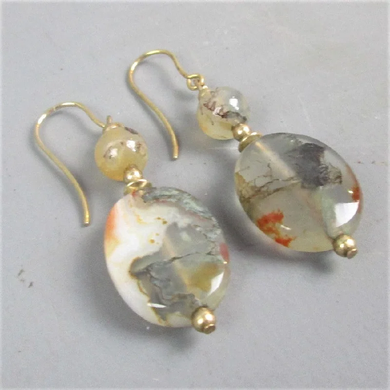 Multi-color Earrings for Fashionistas-9ct Yellow Gold & Moss Agate Drop Earrings Vintage c1970