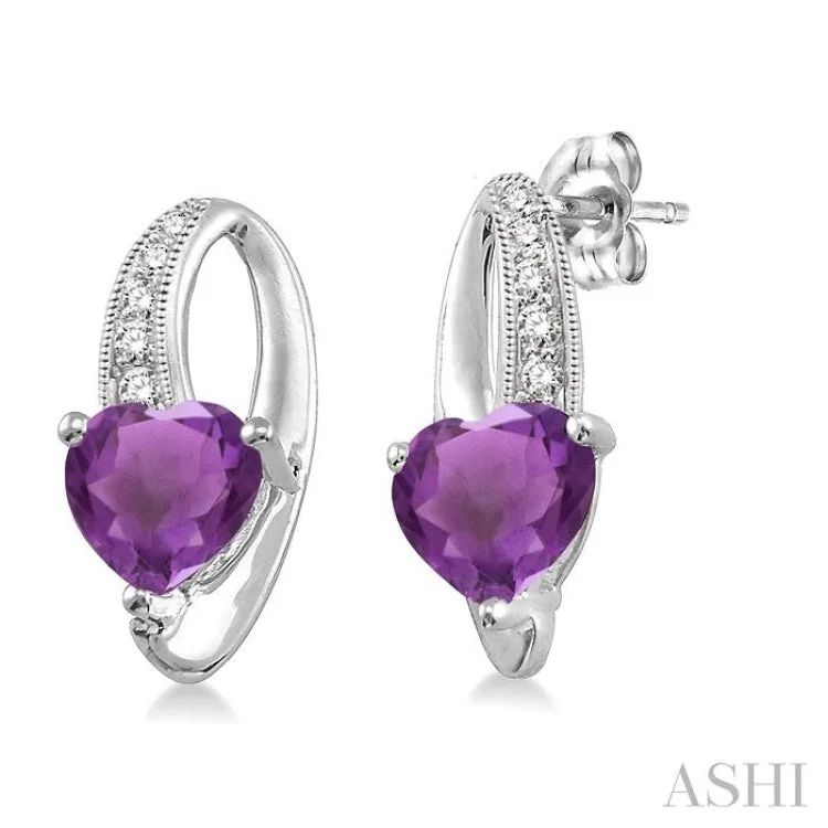 Handmade Earrings for Weddings-7x7 mm Heart Shape Amethyst and 1/20 ctw Single Cut Diamond Earrings in Sterling Silver