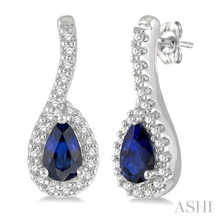 Beautiful Drop Earrings for Evening Style-1/6 Ctw Hanging Arm 5X3MM Pear Cut Sapphire and Round Cut Diamond Precious Earring in 10K White Gold