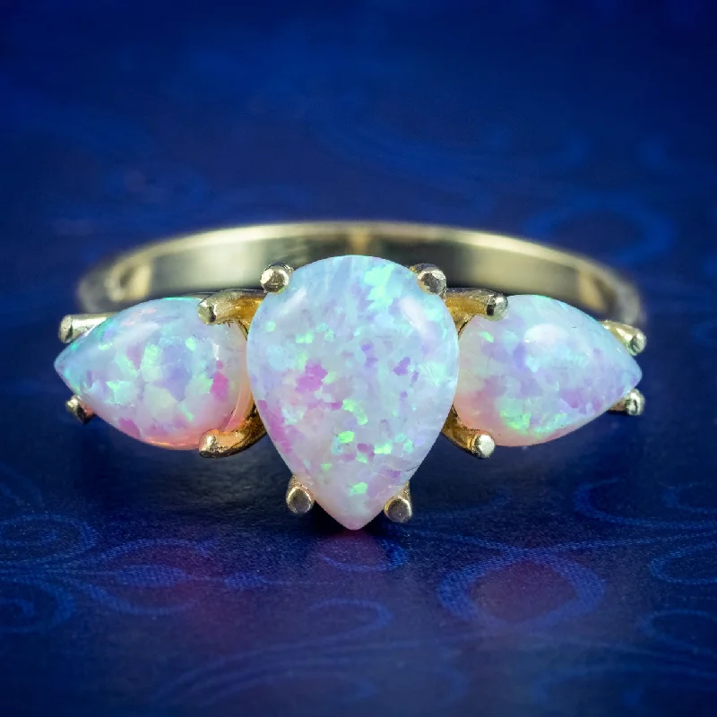 Simple Silver Ring for Bridesmaids-Victorian Style Pear Cut Opal Trilogy Ring Silver 18Ct Gold Gilt 3.5Ct Opals