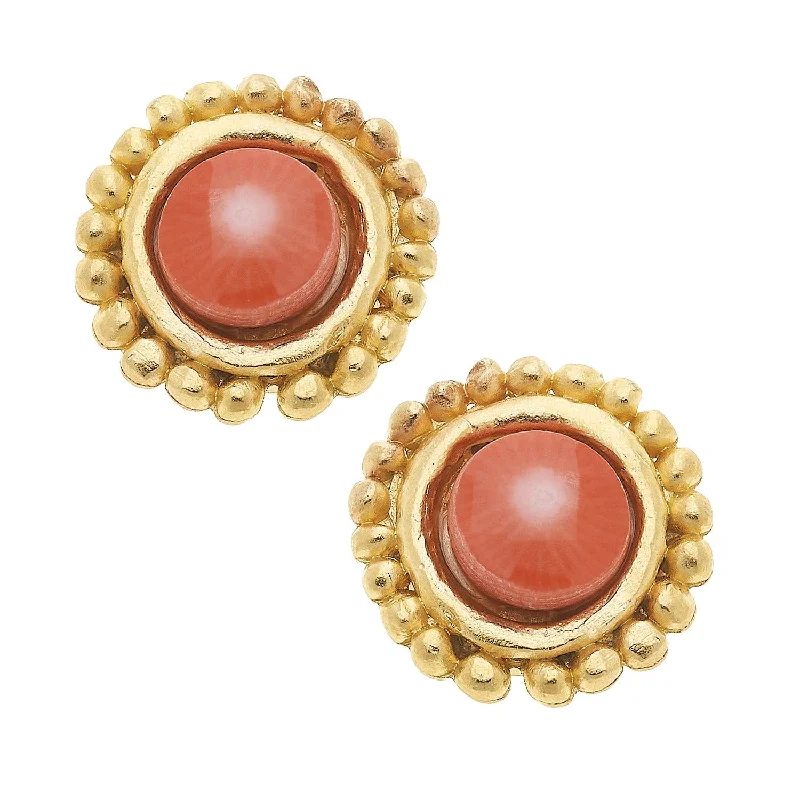 Simple Hoop Earrings for Casual Looks-Earrings - Clip On - Gold with Pink Coral