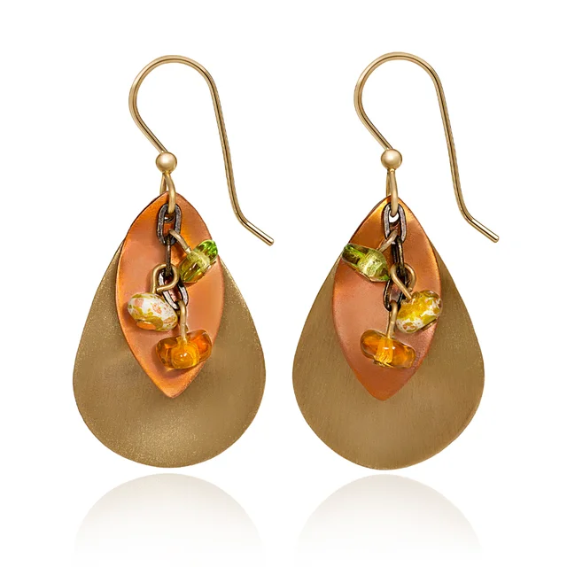 Gorgeous Earrings for Party Nights-Silver Forest Earrings Orange Gold Layered Shapes with Cascading Beads