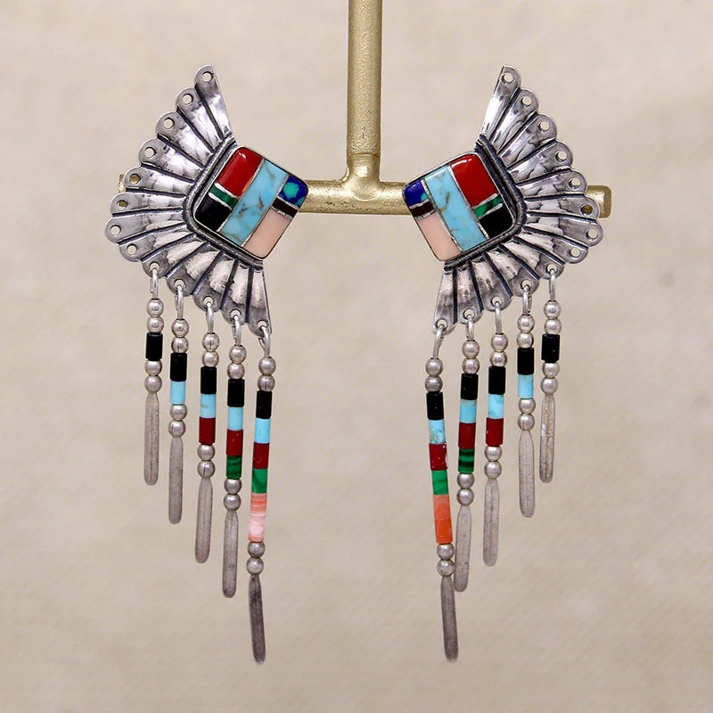 Gold Plated Earrings for Women-Wild Inlaid Silver Earrings with Fringe Signed Q.T.