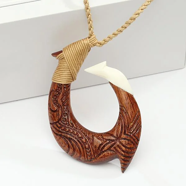 Large Statement Necklace for Occasions-40x60mm Koa Wood/Cow Bone Fish Hook Necklace with Carving Brown Cord