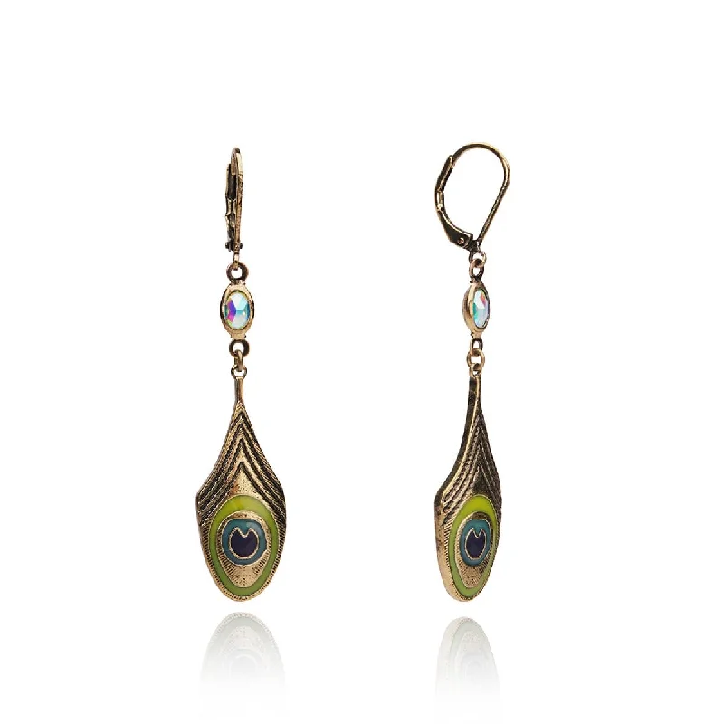 Classic Pearl Earrings for Brides-Peacock Feather Enamel Earrings: Art Nouveau Style Drop Feather Earrings