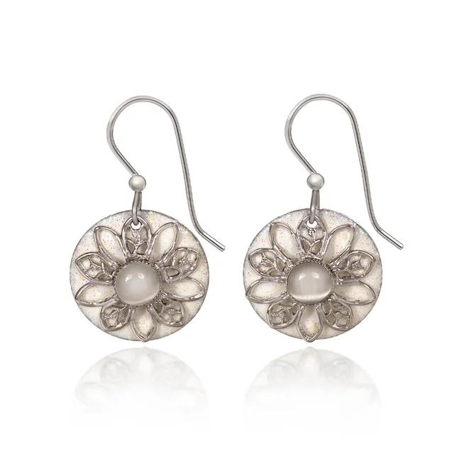 Casual Earrings for Summer Looks-Silver Forest Earrings White Filigree Flower on Round Disc