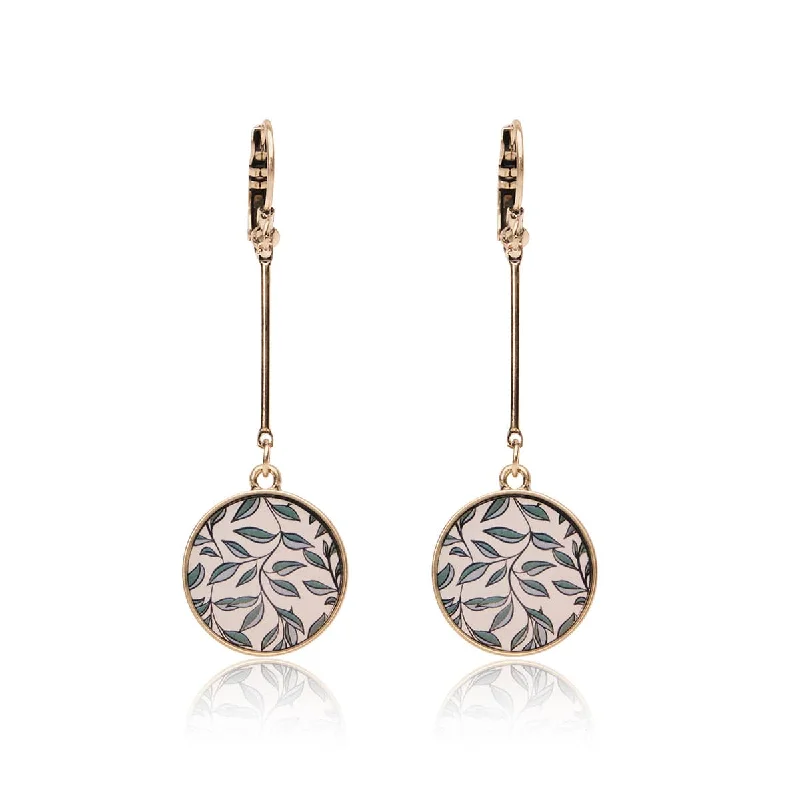 Artistic Drop Earrings for Fashion Lovers-Disc Drop Earrings:  Willow Leaf Print Disc Earrings