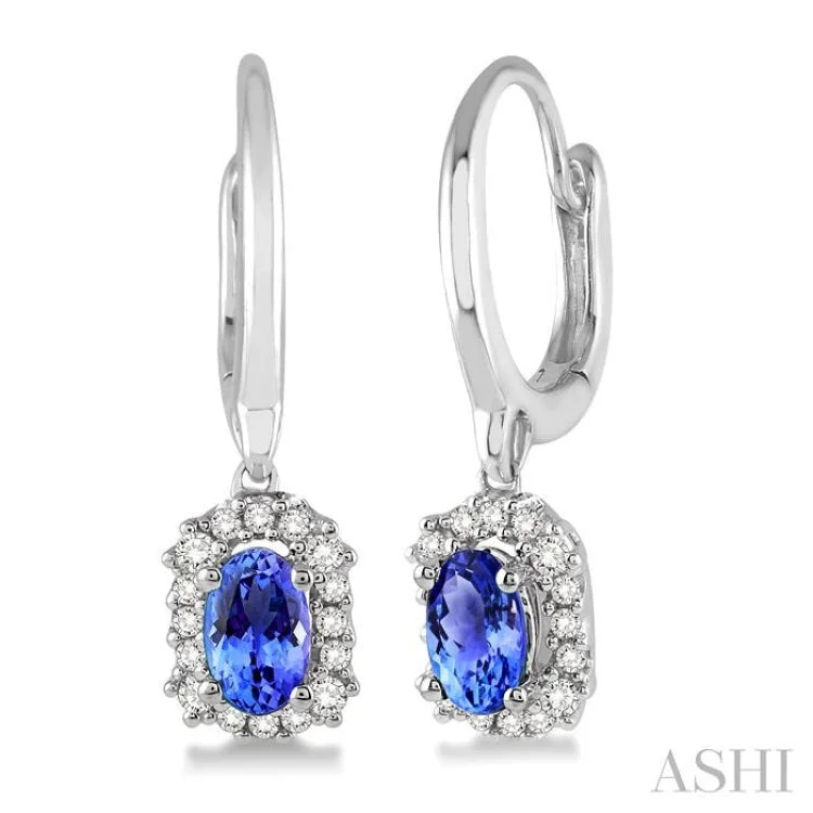 Neon Earrings for Parties-5x3 MM Oval Cut Tanzanite and 1/6 Ctw Round Cut Diamond Earrings in 14K White Gold