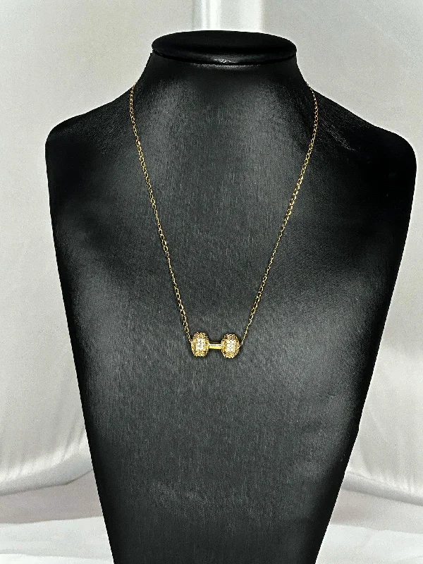 Trendy Necklace for Young Adults-Iced Gold Dumbbell Charm with Gold plated stainless stainless steel necklace