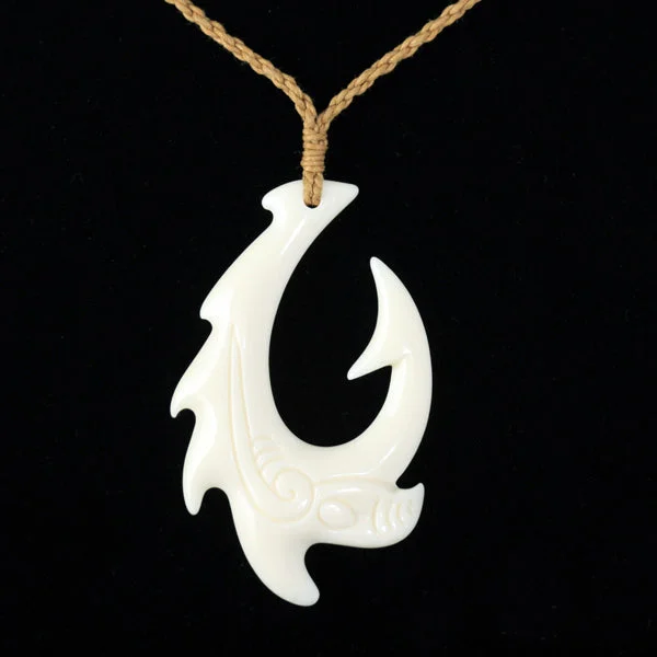 Long Pendant Necklace-Cow Bone Handcrafted Fish Hook with scroll engraving Necklace