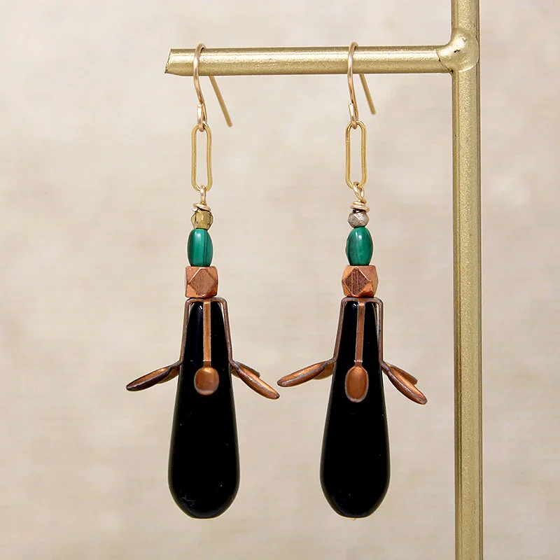 Funky Earrings for Casual Styles-Sassy Copper, Onyx & Malachite Earrings by Brin