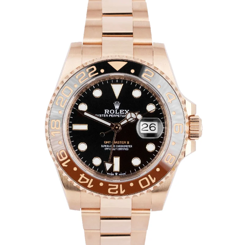 Chronograph Sports Watches for Professionals-Rolex GMT-Master II 'ROOT BEER' Everose 18K Rose Gold Watch 126715 CHNR B+P