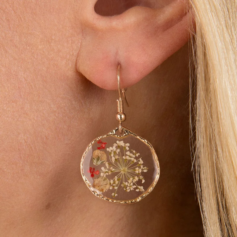 Trendy Stud Earrings for Young Women-Red Pressed Flower Drop Earrings: Flower dangle earrings