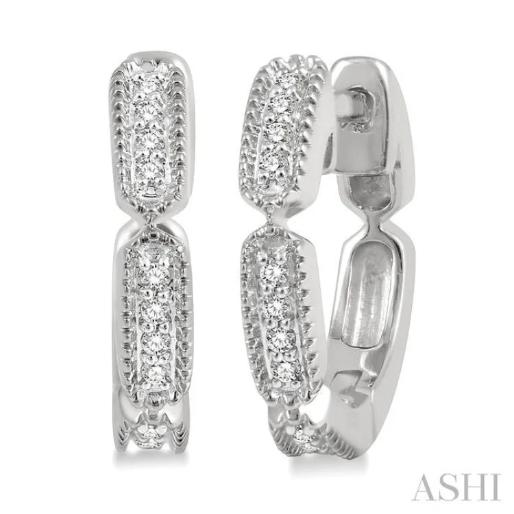 Unique Gem Earrings for Fashion-1/10 Ctw Lattice Long Hexagonal Pod Round Cut Diamond Huggie Earrings in 10K White Gold