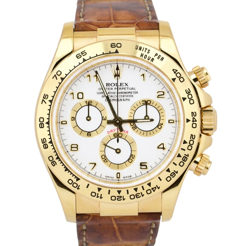 Women's Designer Watches for Fashion-UNPOL. Rolex Daytona Cosmograph Gold WHITE Chronograph 40mm Leather 116518 B&P