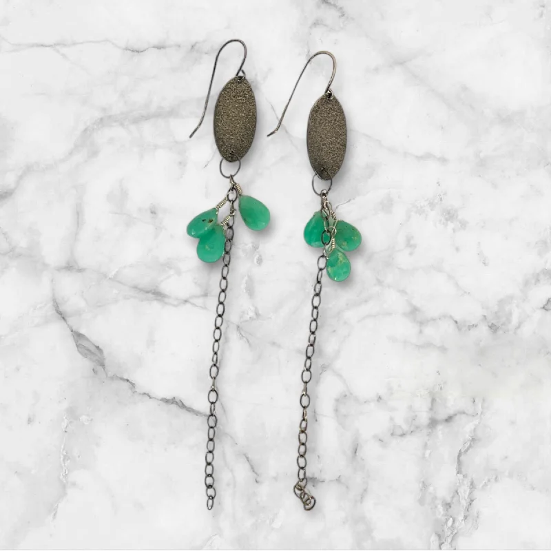 Stylish Gold Earrings for Weddings-Oval Chrysoprase Drop Earrings