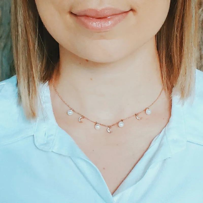 Modern Gemstone Necklace for Every Day-Moonlight boho necklace - Sterling Silver Rose Gold Plated