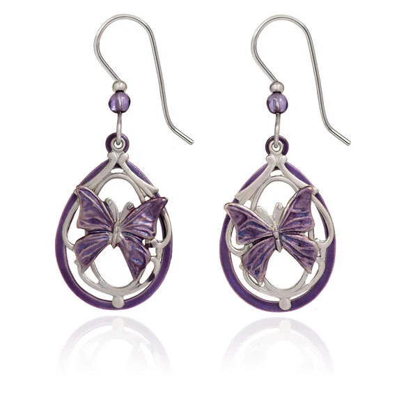 Trendy Earrings for Teens-Silver Forest Butterflies Silver and Purple Drop Earrings